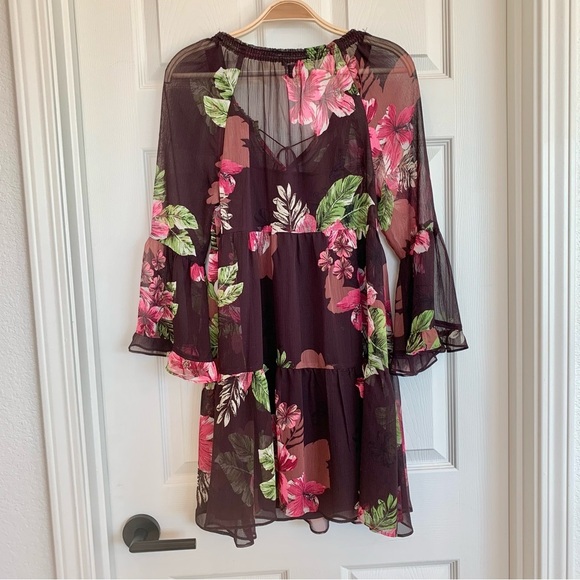 EXPRESS Brown Hibiscus Flower Floral Print Babydoll Chiffon Dress - Picture 9 of 11